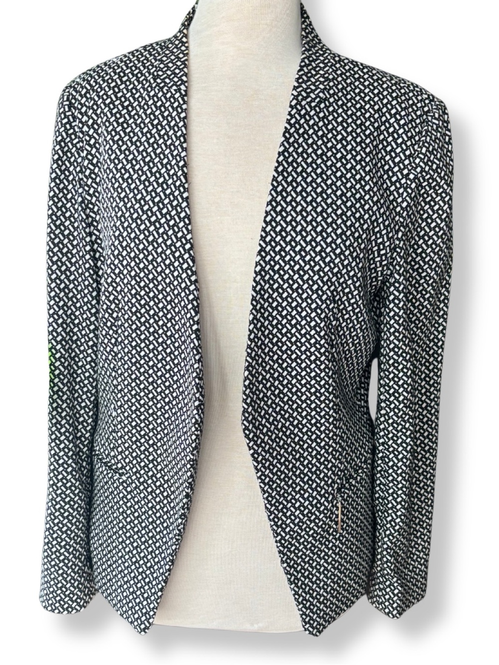Premise Women’s Size 14 Black White Geometric Open Front Blazer Jacket